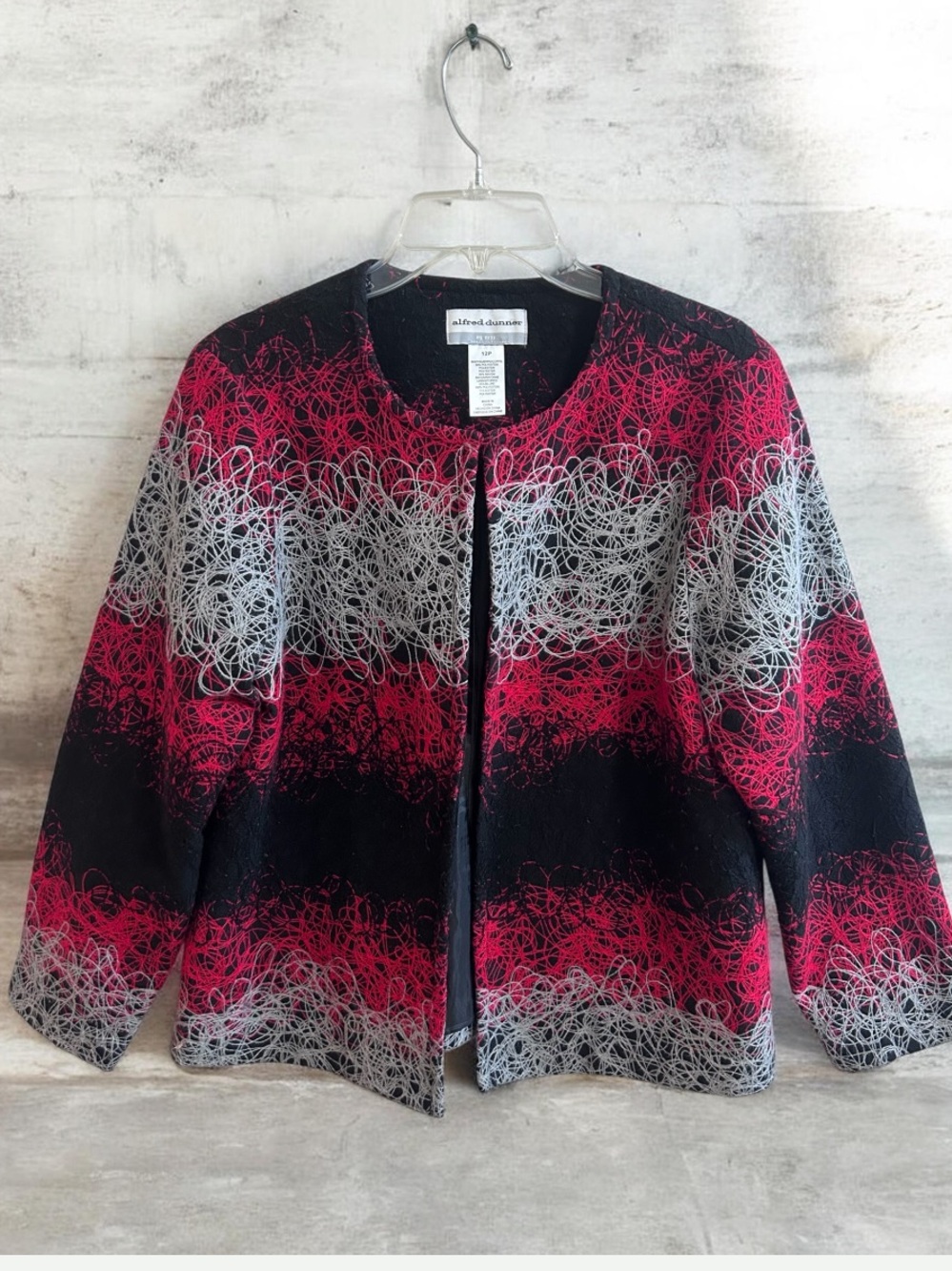 Alfred Dunner "Sutton Place" String Print Jacquard Jacket Red, Black & Gray 12P